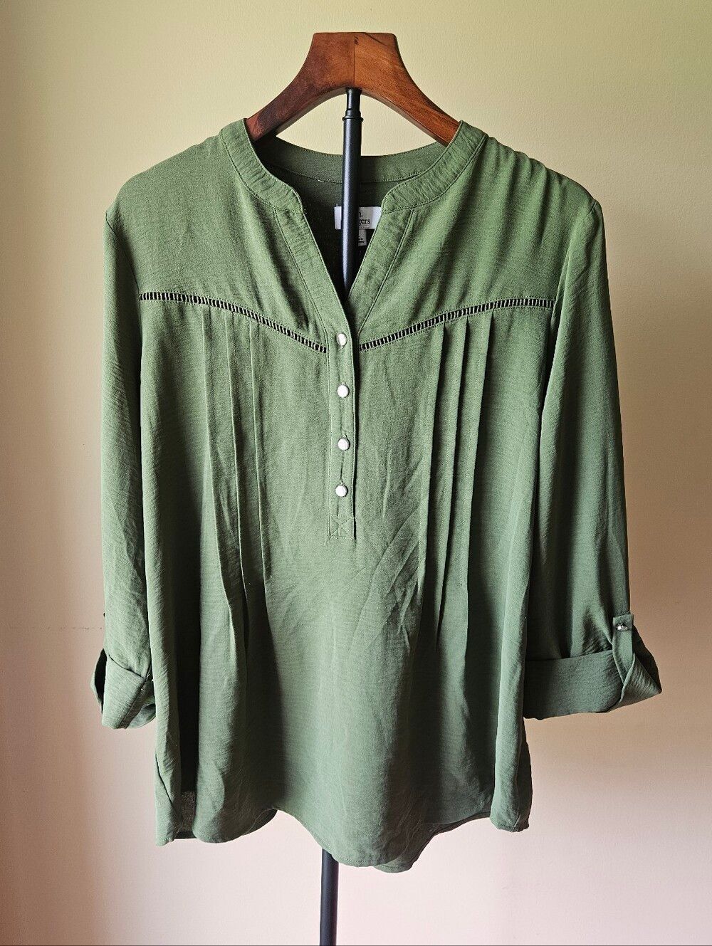 Kim Rogers Olive Green Women's Button Henley Blouse Size Large